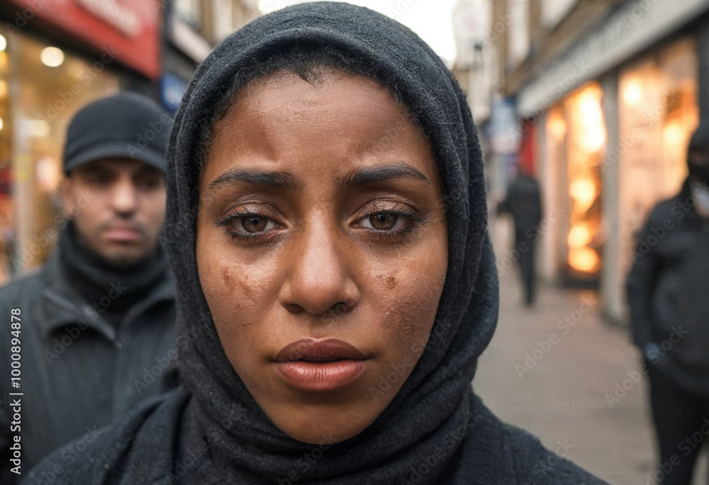 black arab woman with headscarf walks through a narrow shopping street with tears in her eyes from fear under the gaze of judgemental passers-by black arab woman with headscarf walks through a narrow shopping street with tears in her eyes from fear under the gaze of judgemental passers-by