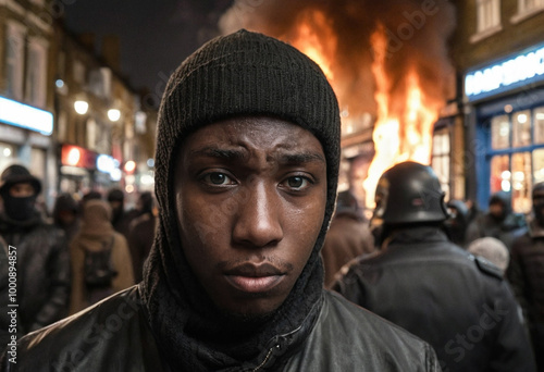 Shop burning in a street, black man traumatized by riot photo