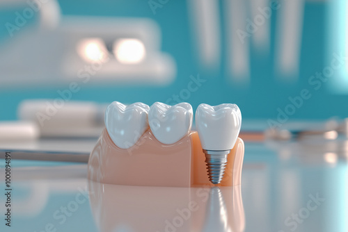 3D rendering of a dental implant in a clinical setting, showcasing modern oral surgery