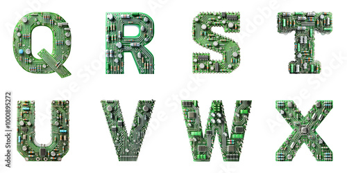 Alphabet letters made from electronic circuits: Letters Q, R, S, T, U, V, W, X displayed on a transparent background photo