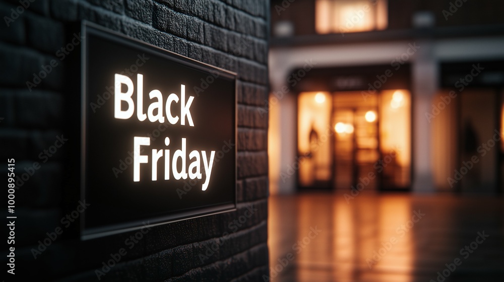 Obraz premium Black friday sale white neon signboard in commercial night downtown city market. Horizontal photography (16:9) with copy space