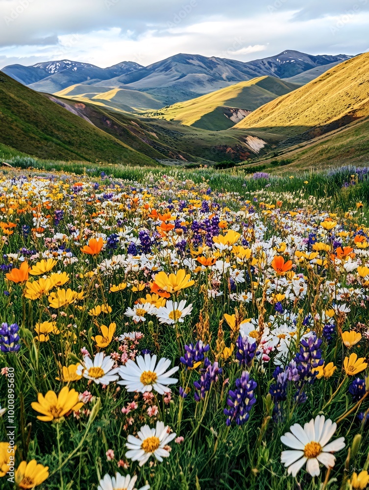Fototapeta premium A vibrant field of wildflowers blooms in a valley surrounded by majestic mountains.