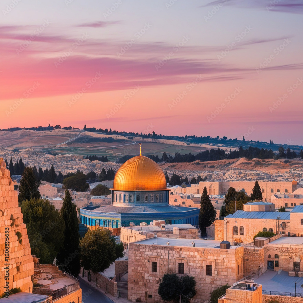 Naklejka premium Visualize the skyline of Jerusalem and Palestine during dawn including the Dome of the Rock and the Western Wall.