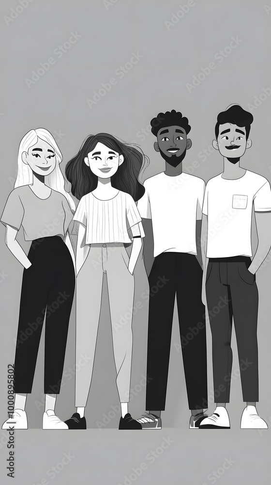 A black-and-white cartoon illustration of diverse people standing next to each other, dressed in smart casual attire A black-and-white cartoon illustration of diverse people standing next to each other, dressed in smart casual attire