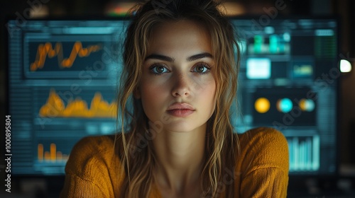 Woman with serious expression looking at the camera in front of a computer screen with graphs.