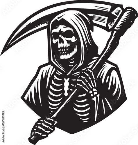 Grim Reaper Skull Drawing Silhouette Vector isolated on white background 