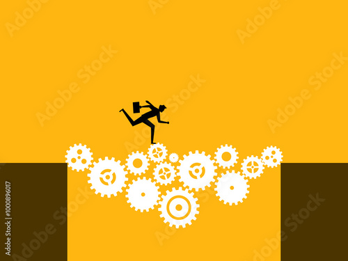 Overcoming the obstacle. Businessman runs through the gap with gears