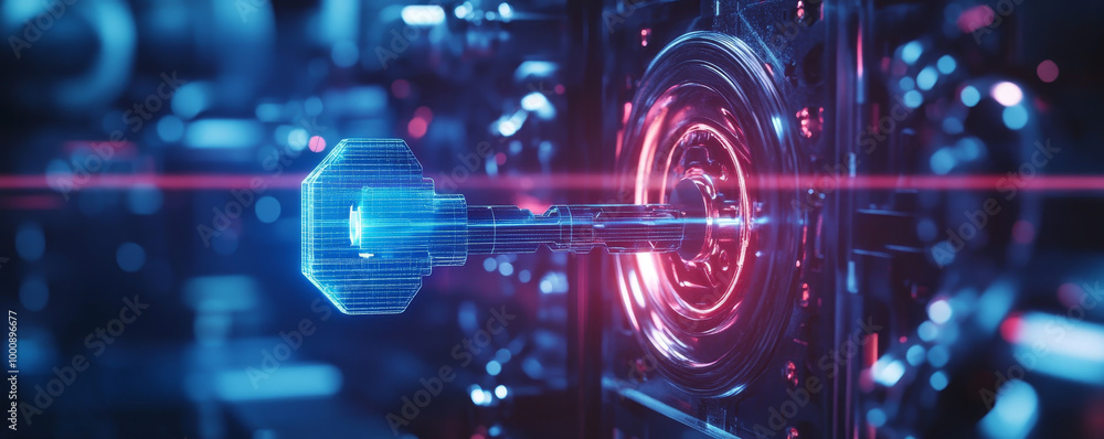 A close up of futuristic key being inserted into holographic interface, showcasing advanced technology and vibrant colors. scene evokes sense of innovation and digital exploration A close up of futuristic key being inserted into holographic interface, showcasing advanced technology and vibrant colors. scene evokes sense of innovation and digital exploration