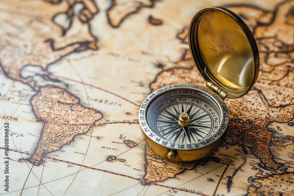 Old retro compass on ancient world map Old retro compass on ancient world map