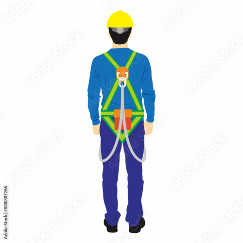 Man of worker standing rear view with shoes, long sleeve shirt, hardhat, full body harness, and trouser illustration.