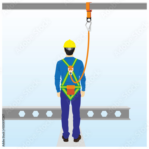 Rear view of man of worker with full body harness safety gear connected to the anchorage point upper the head for fall protection when work at height.