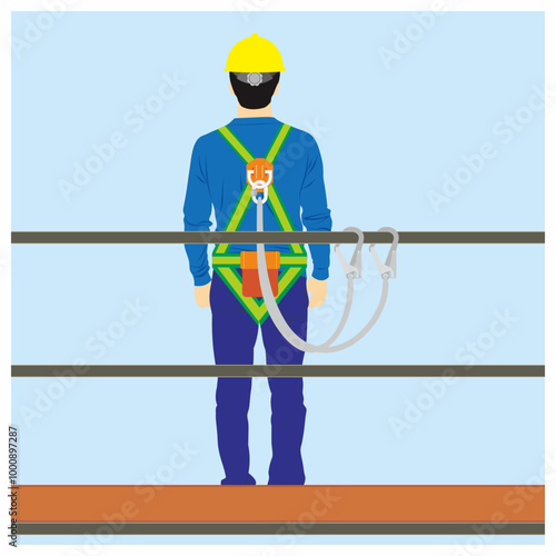Rear view of man worker standing on the scaffolding or work platform with guardrail with safety harness for fall prevention.