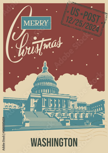 Merry Christmas Greeting Card Retro Style, Washington Landmark, Capitol Building, Snowfall. Vintage Postcard Style Illustration  