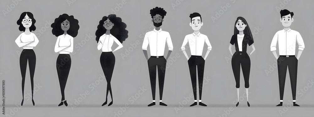 A black-and-white cartoon illustration of diverse people standing next to each other, dressed in smart casual attire A black-and-white cartoon illustration of diverse people standing next to each other, dressed in smart casual attire