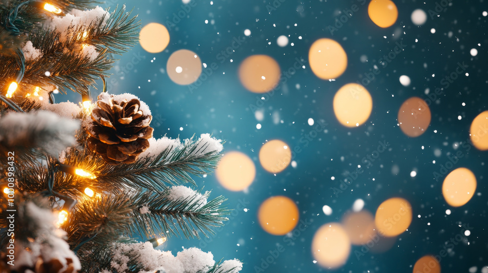 A beautiful Christmas scene featuring snow covered pine tree adorned with warm lights and pine cone, set against backdrop of softly falling snow and glowing bokeh A beautiful Christmas scene featuring snow covered pine tree adorned with warm lights and pine cone, set against backdrop of softly falling snow and glowing bokeh