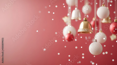 Festive Christmas ornaments hang gracefully against warm red background, creating joyful and enchanting holiday atmosphere. shimmering decorations evoke feelings of celebration and warmth