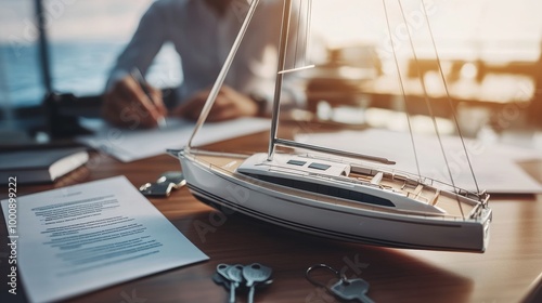 Detailed yacht model on desk with sales agent finalizing paperwork - Perfect for luxury yacht sales and leasing.