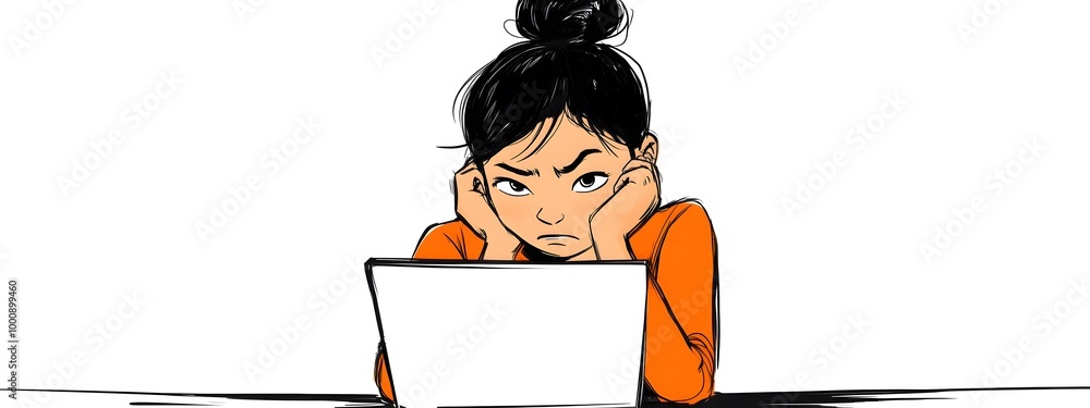 A simple cartoon drawing of a woman sitting at her laptop, with a sad expression A simple cartoon drawing of a woman sitting at her laptop, with a sad expression