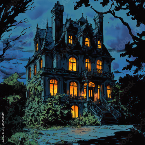 A dark, eerie mansion illuminated by warm light, surrounded by trees, exuding an ominous yet intriguing atmosphere under a night sky.