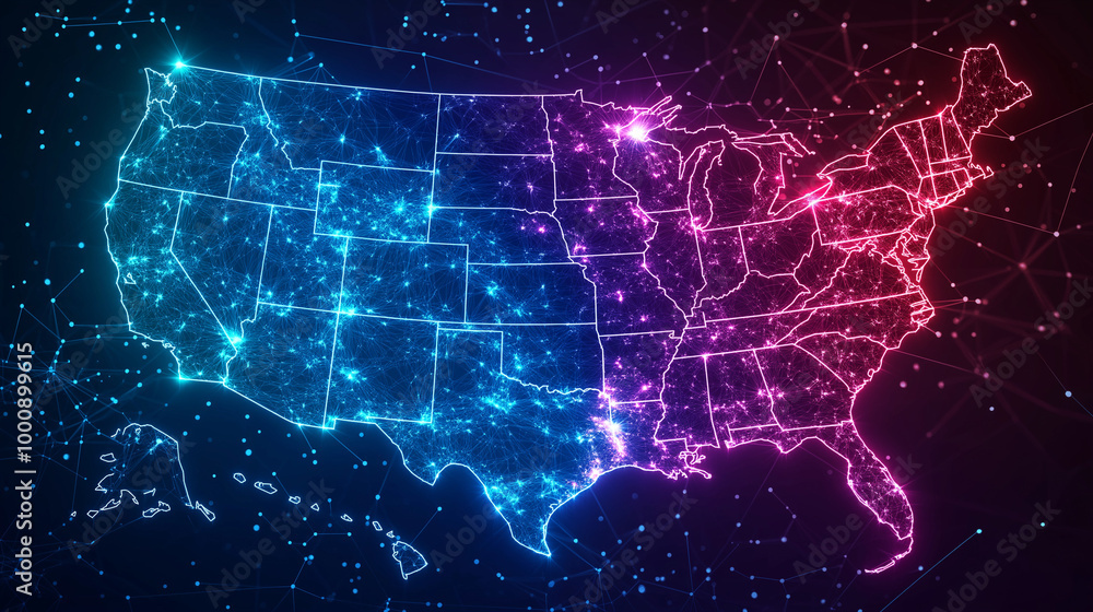 A map of the Usa with neon lights. AI generation A map of the Usa with neon lights. AI generation