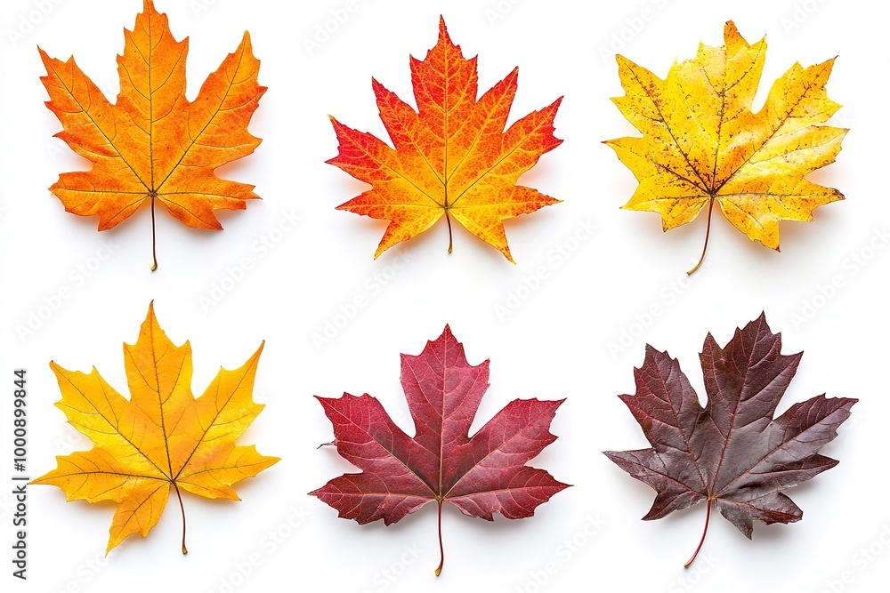 Fototapeta premium Isolate autumnal yellow, orange, crimson, maroon, and white collection set. Generative Ai
