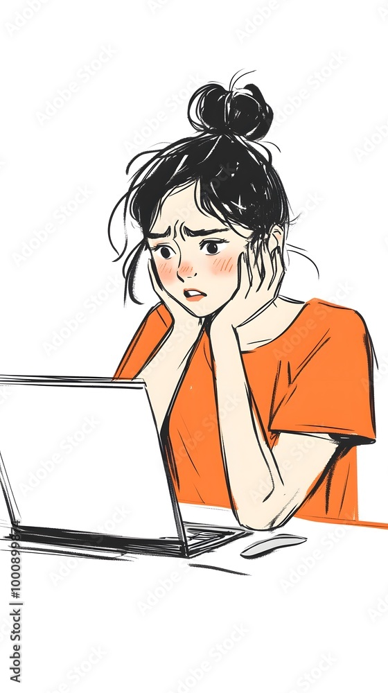 A simple cartoon drawing of a woman sitting at her laptop, with a sad expression