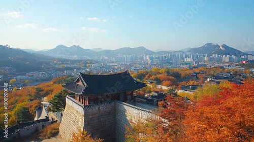 A panoramic view of a Korean city with a traditional building and mountains in the background.
