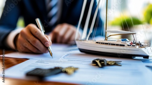 Detailed yacht model on desk with sales agent finalizing paperwork - Perfect for luxury yacht sales and leasing.