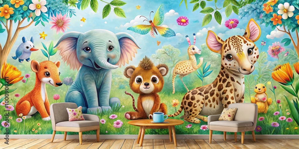Obraz premium Transform your child's room with vibrant wallpapers filled with charming animals and playful patterns, creating a