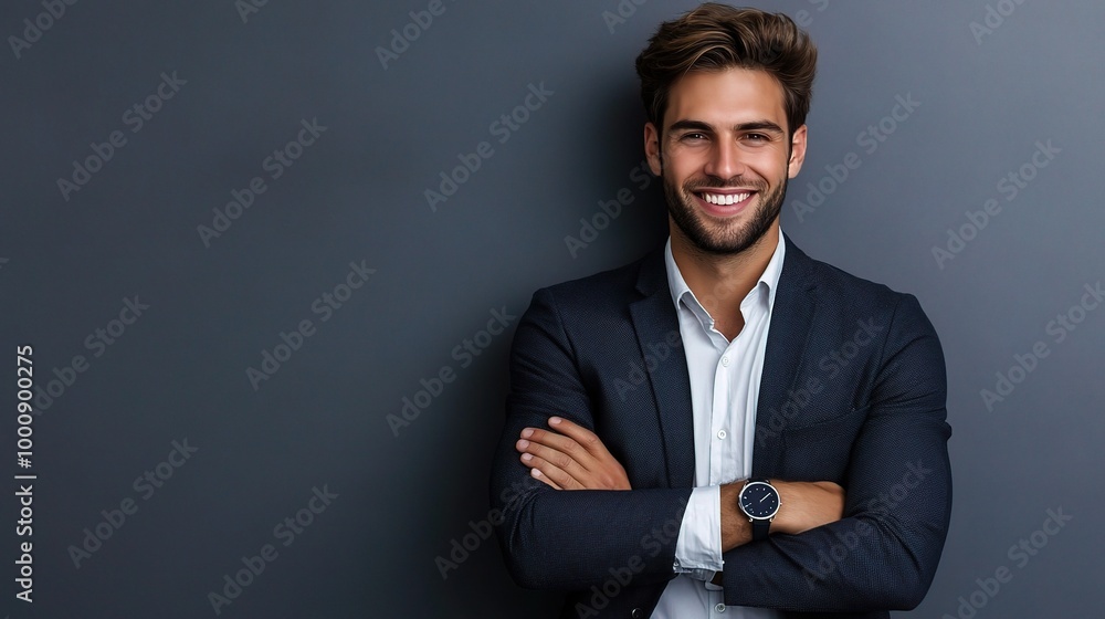 Confident Businessman Smiling Against Gray Background Confident Businessman Smiling Against Gray Background