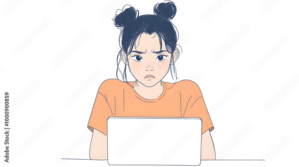 A simple cartoon drawing of a woman sitting at her laptop, with a sad expression A simple cartoon drawing of a woman sitting at her laptop, with a sad expression