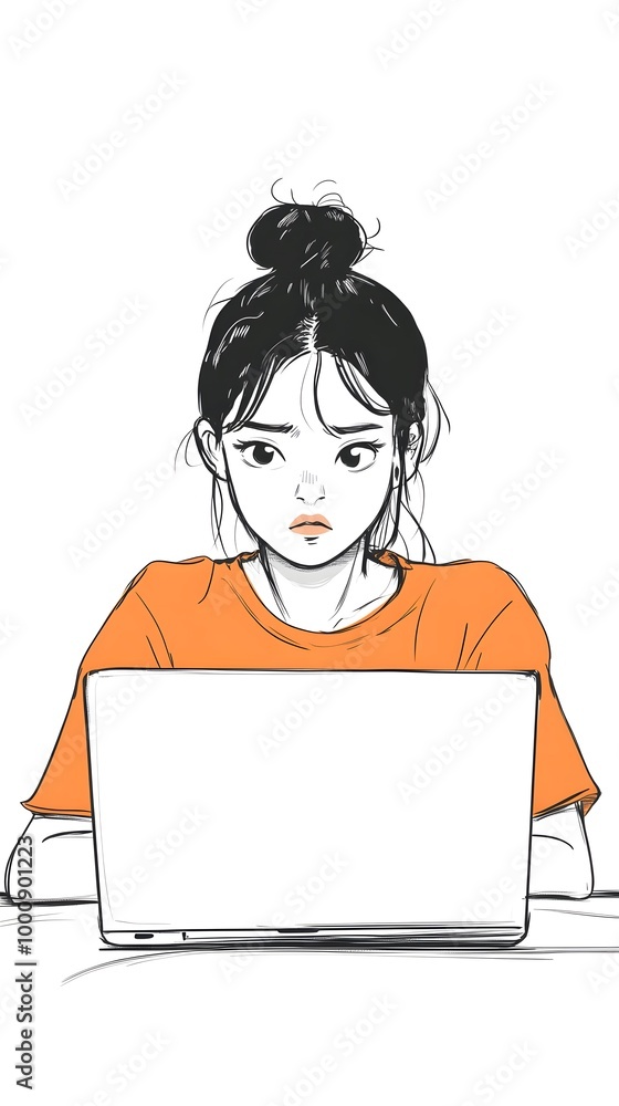 A simple cartoon drawing of a woman sitting at her laptop, with a sad expression A simple cartoon drawing of a woman sitting at her laptop, with a sad expression