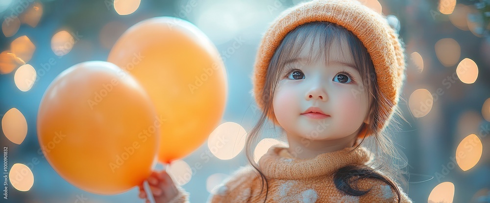 Cute Little Girl Holding Balloons with Bokeh Background Cute Little Girl Holding Balloons with Bokeh Background