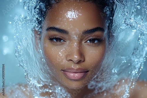 Beautiful woman surrounded by splashing water for skincare campaign