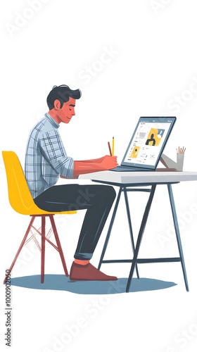 An icon of an employee sitting at their desk, using graphic design software on the computer to create flat illustrations in blue and yellow tones