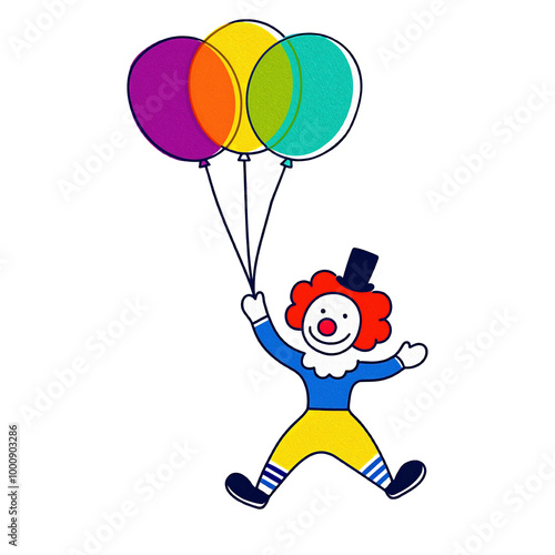 カラフルな風船を持っているピエロのイラスト　白背景の切り抜き