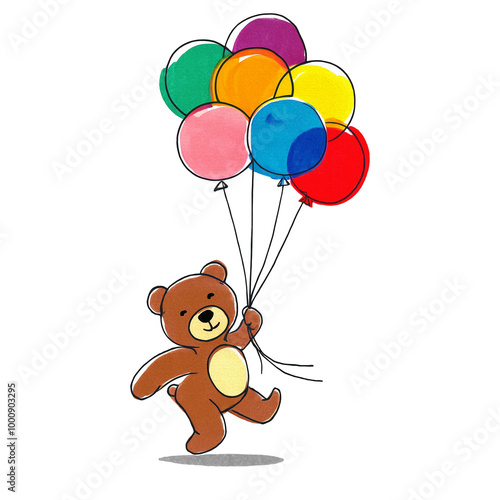 カラフルな風船を持っている可愛いクマのイラスト　白背景の切り抜き