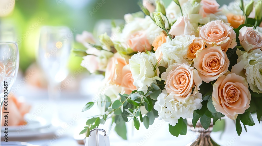 A wedding table set with flowers and crystal glasses. A wedding table set with flowers and crystal glasses.