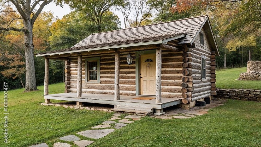 Rustic, single-story log cabin situated in a serene, wooded area. The cabin is constructed from weathered wooden logs, with a shingled roof and a small porch. Rustic, single-story log cabin situated in a serene, wooded area. The cabin is constructed from weathered wooden logs, with a shingled roof and a small porch.