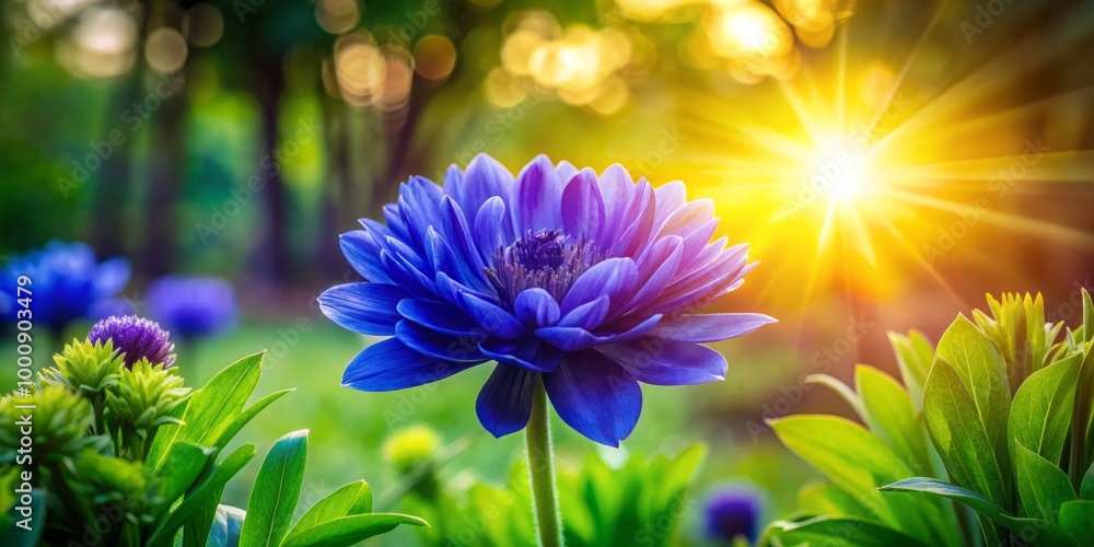 Vivid indigo petals blossom in a lush green garden, capturing warm spring sunlight, creating a stunning visual feast Vivid indigo petals blossom in a lush green garden, capturing warm spring sunlight, creating a stunning visual feast