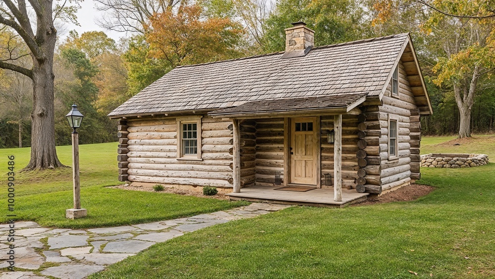 Rustic, single-story log cabin situated in a serene, wooded area. The cabin is constructed from weathered wooden logs, with a shingled roof and a small porch. Rustic, single-story log cabin situated in a serene, wooded area. The cabin is constructed from weathered wooden logs, with a shingled roof and a small porch.