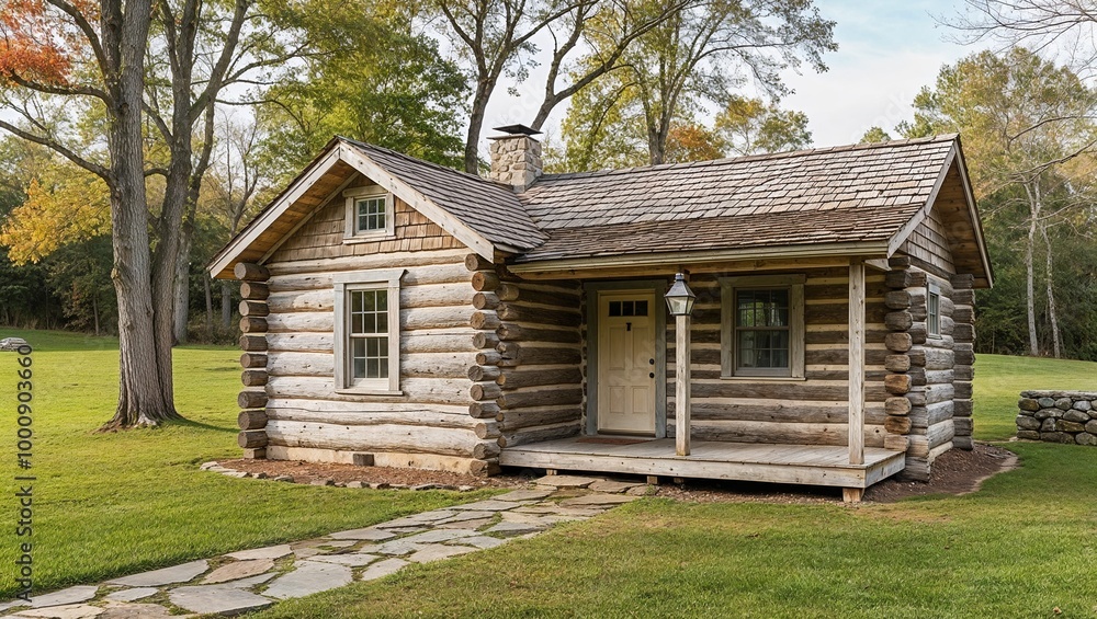 Rustic, single-story log cabin situated in a serene, wooded area. The cabin is constructed from weathered wooden logs, with a shingled roof and a small porch. 