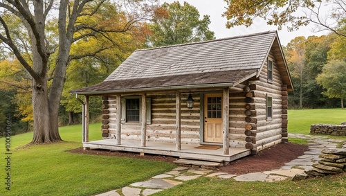 Rustic, single-story log cabin situated in a serene, wooded area. The cabin is constructed from weathered wooden logs, with a shingled roof and a small porch. 