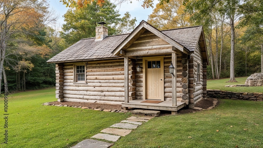 Fototapeta premium Rustic, single-story log cabin situated in a serene, wooded area. The cabin is constructed from weathered wooden logs, with a shingled roof and a small porch.