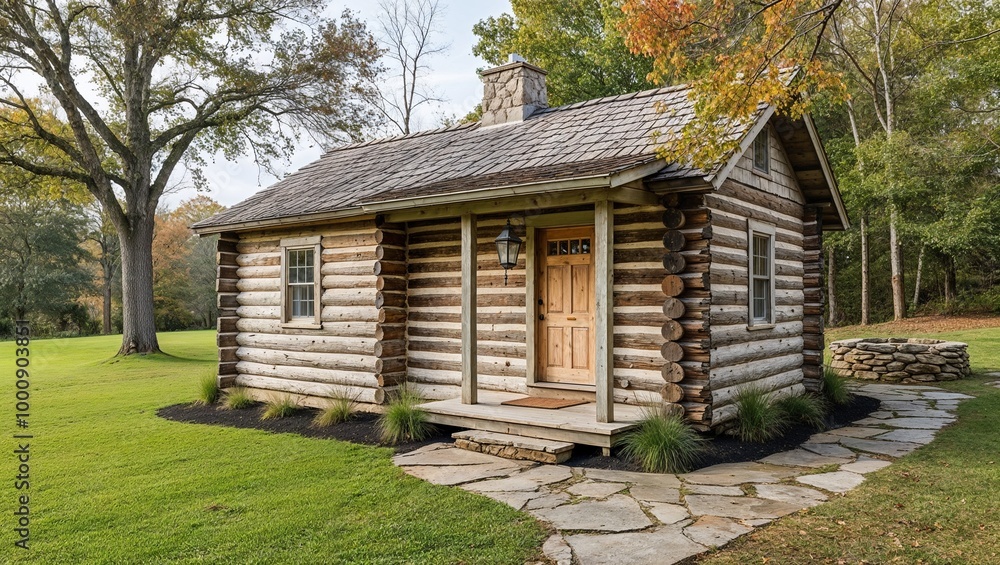 Rustic, single-story log cabin situated in a serene, wooded area. The cabin is constructed from weathered wooden logs, with a shingled roof and a small porch. Rustic, single-story log cabin situated in a serene, wooded area. The cabin is constructed from weathered wooden logs, with a shingled roof and a small porch.