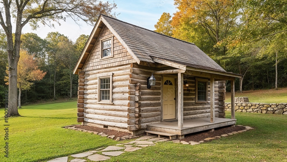 Fototapeta premium Rustic, single-story log cabin situated in a serene, wooded area. The cabin is constructed from weathered wooden logs, with a shingled roof and a small porch.