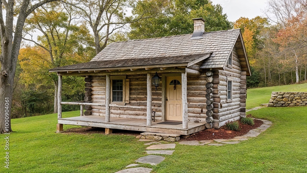 Fototapeta premium Rustic, single-story log cabin situated in a serene, wooded area. The cabin is constructed from weathered wooden logs, with a shingled roof and a small porch.