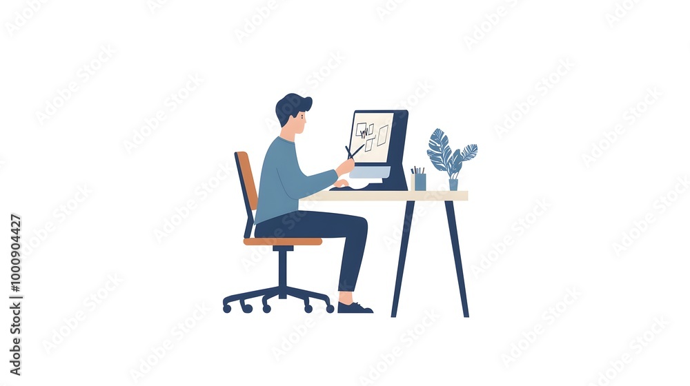 An icon of an employee sitting at their desk, using graphic design software on the computer to create flat illustrations in blue and yellow tones An icon of an employee sitting at their desk, using graphic design software on the computer to create flat illustrations in blue and yellow tones