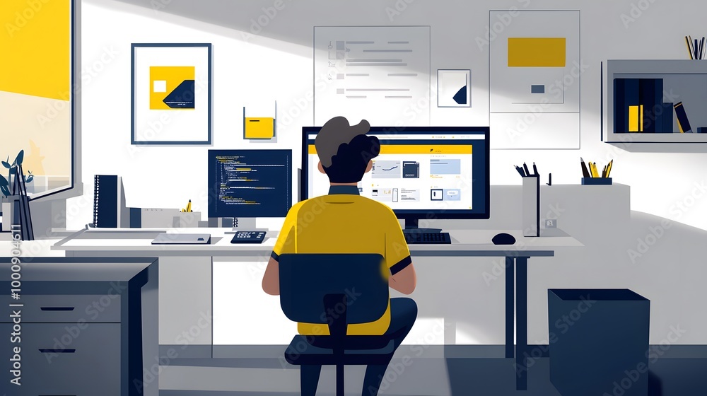 An icon of an employee sitting at their desk, using graphic design software on the computer to create flat illustrations in blue and yellow tones An icon of an employee sitting at their desk, using graphic design software on the computer to create flat illustrations in blue and yellow tones