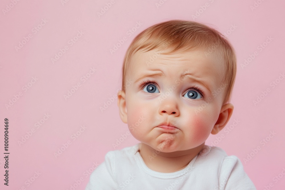 Baby girl making worried face on pink background Baby girl making worried face on pink background